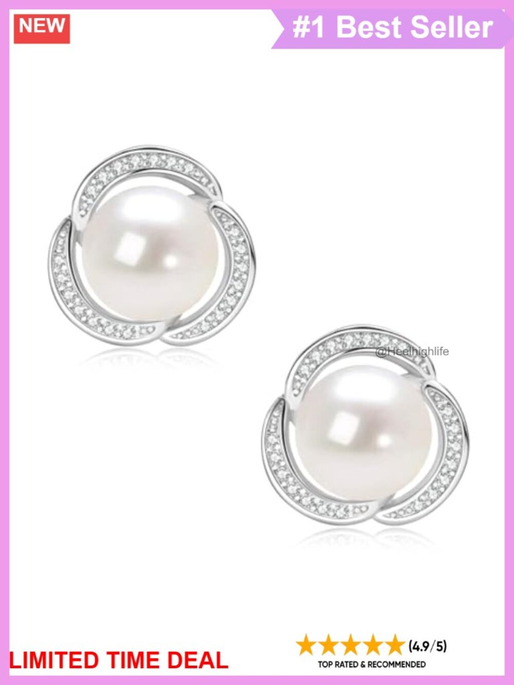 Freshwater Pearl Stud Earrings 14K White Gold Plated Cubic Zirconia